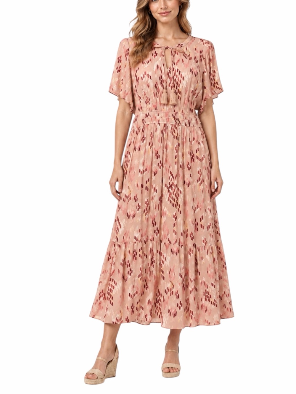 Knox Rose Maxi Dress XXL Blush Geometric Tassel Tie Smocked Waist Cottagecore